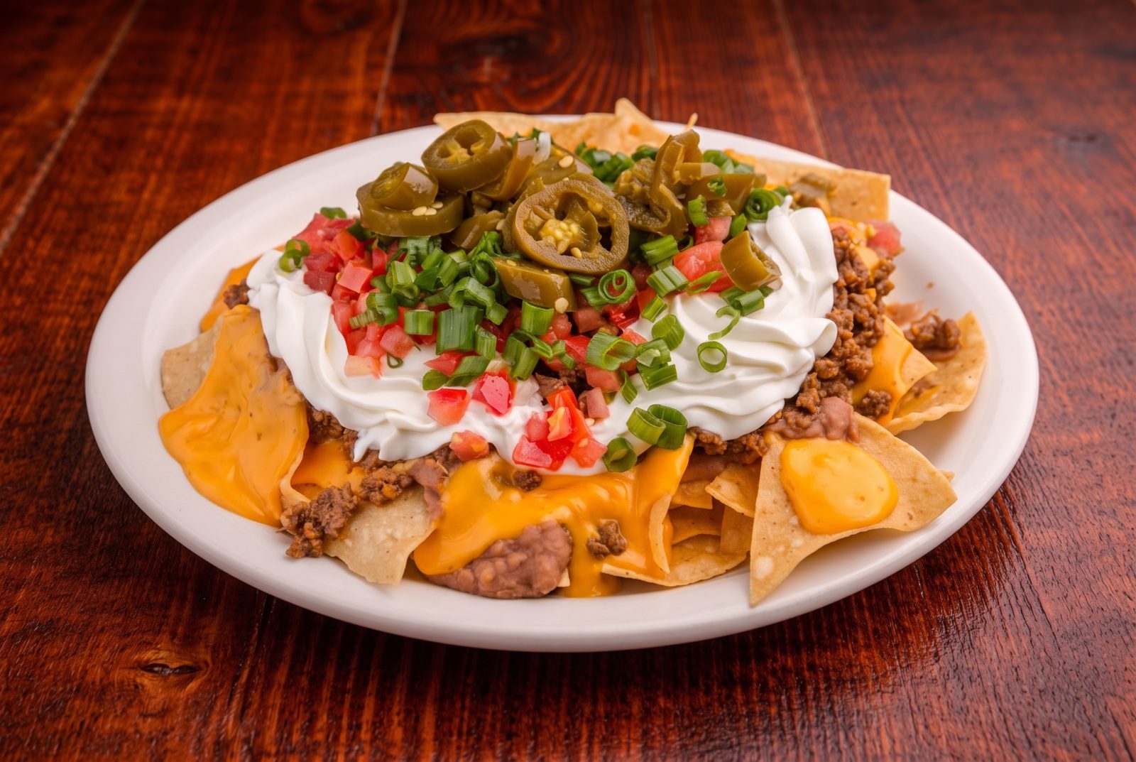 Loaded nachos with cheese, sour cream, jalapeños, tomatoes and green onion